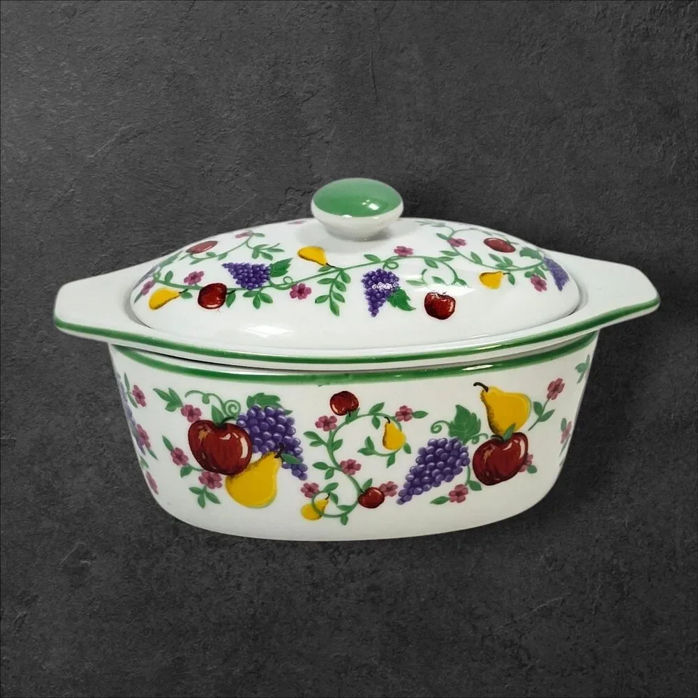 Cook Street Butter Boat 3pc Fruit Floral Covered Dish Vintage Cottagecore Farm
